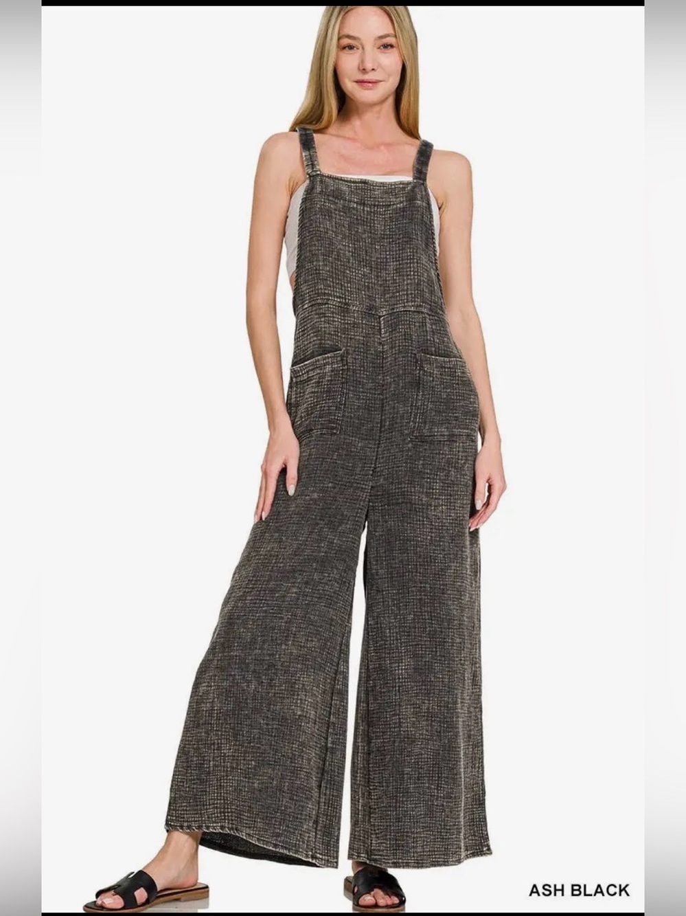 Washed Double Gauze Elastic Waist
Wide Overalls